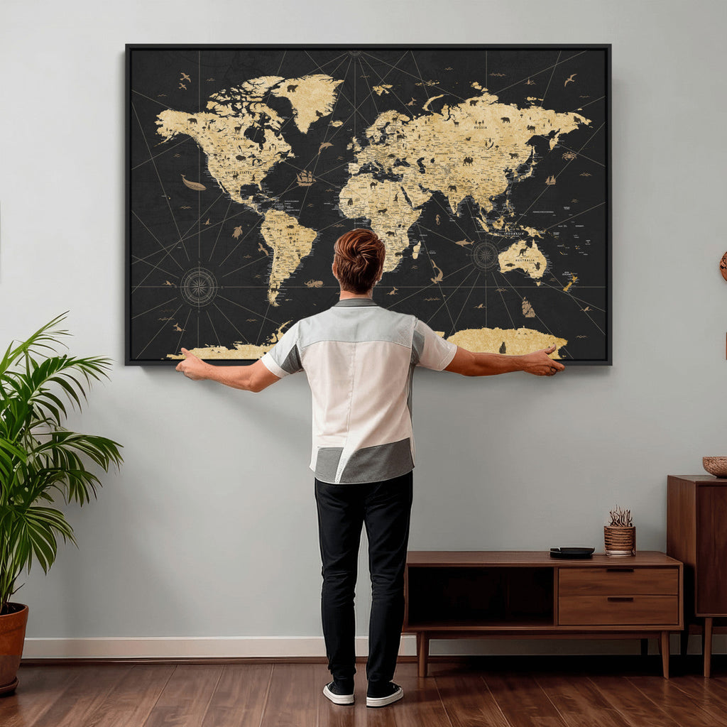 Vintage Blue and Brown World Map Canvas Wall Art | Framed Rustic Map Print