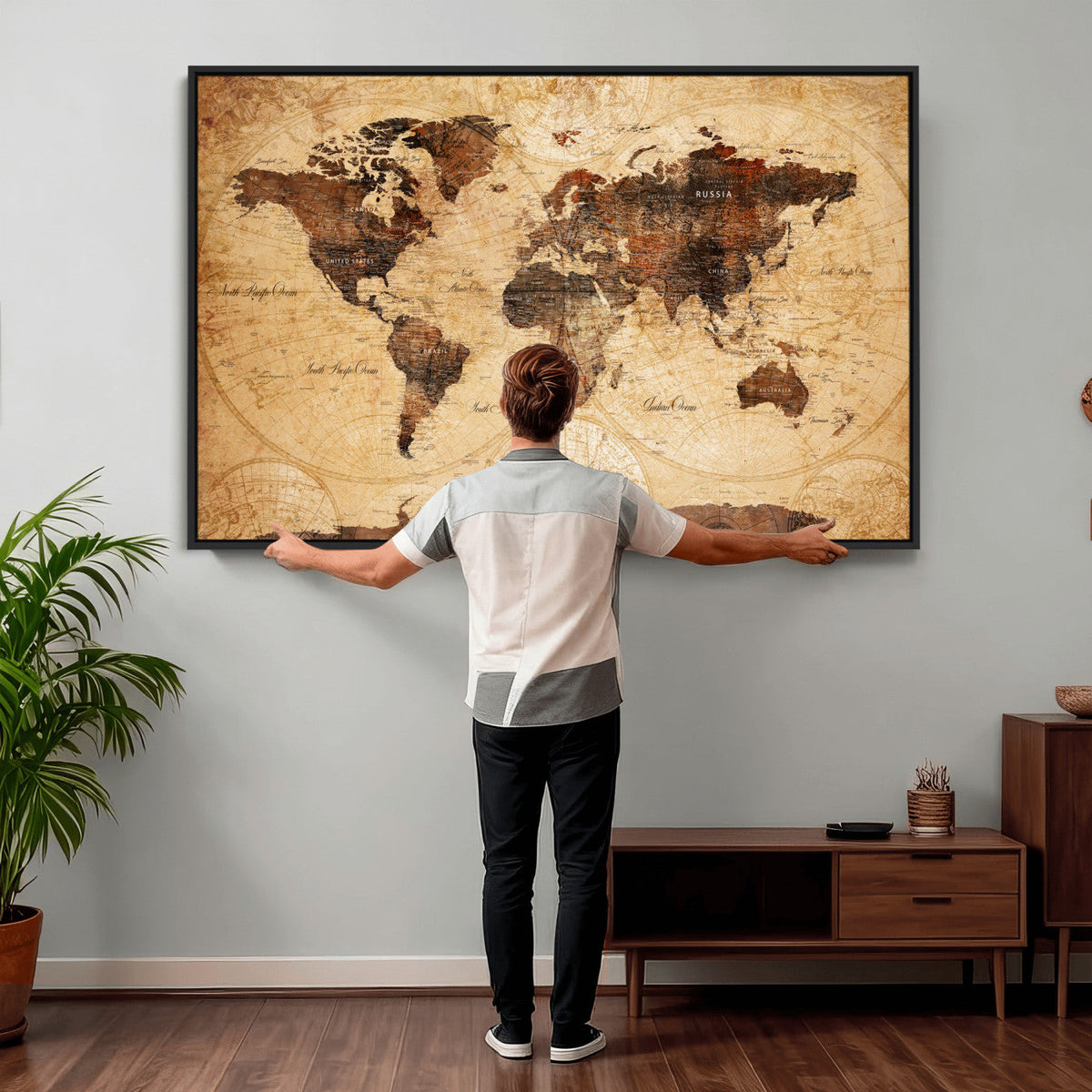 Modern Red and Gray World Map Canvas Print | Framed Wall Art