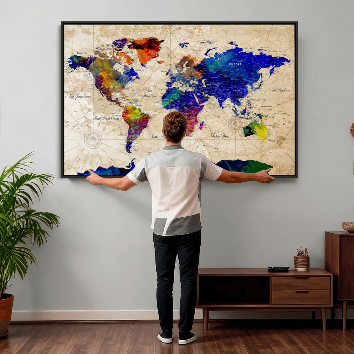 Watercolor World Map Canvas Print | Framed Wall Art for Couples
