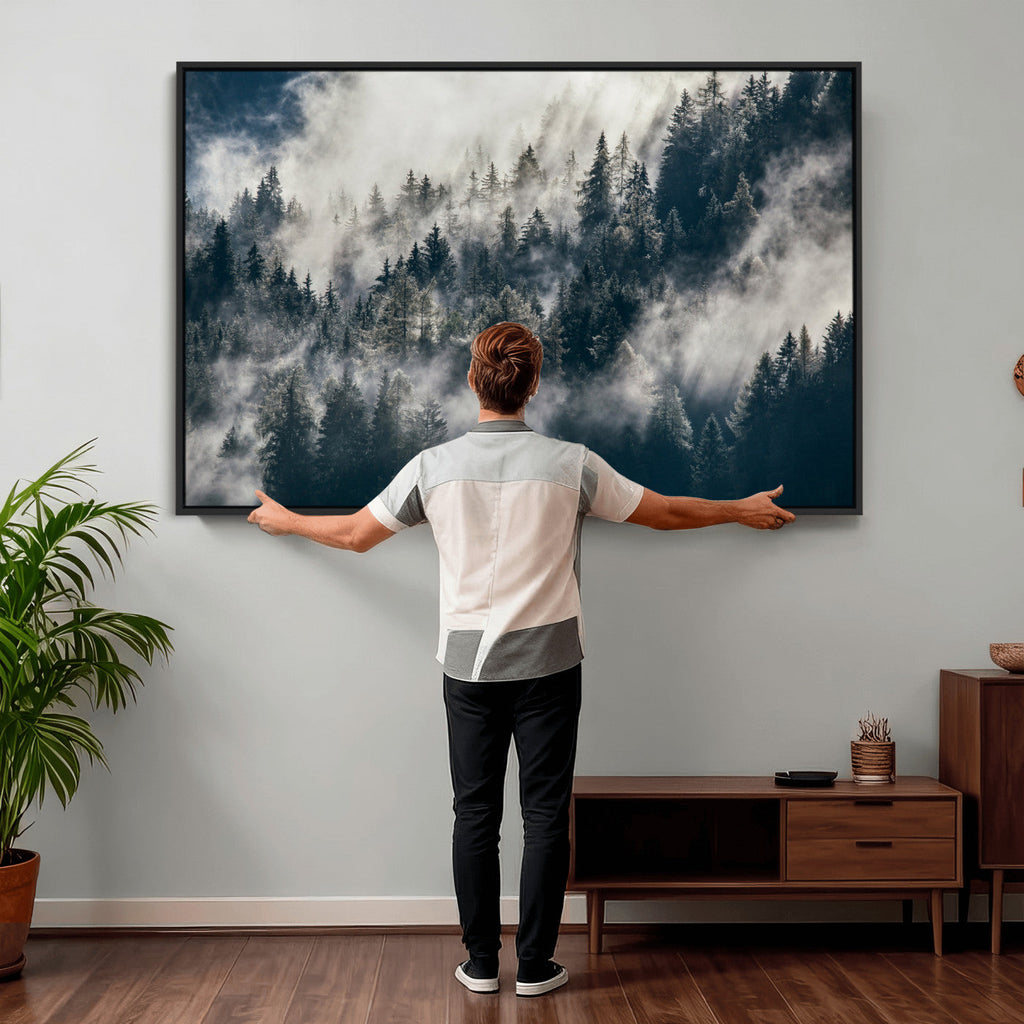 Foggy Mountain Forest Canvas Print, Misty Pine Trees Nature Wall Art
