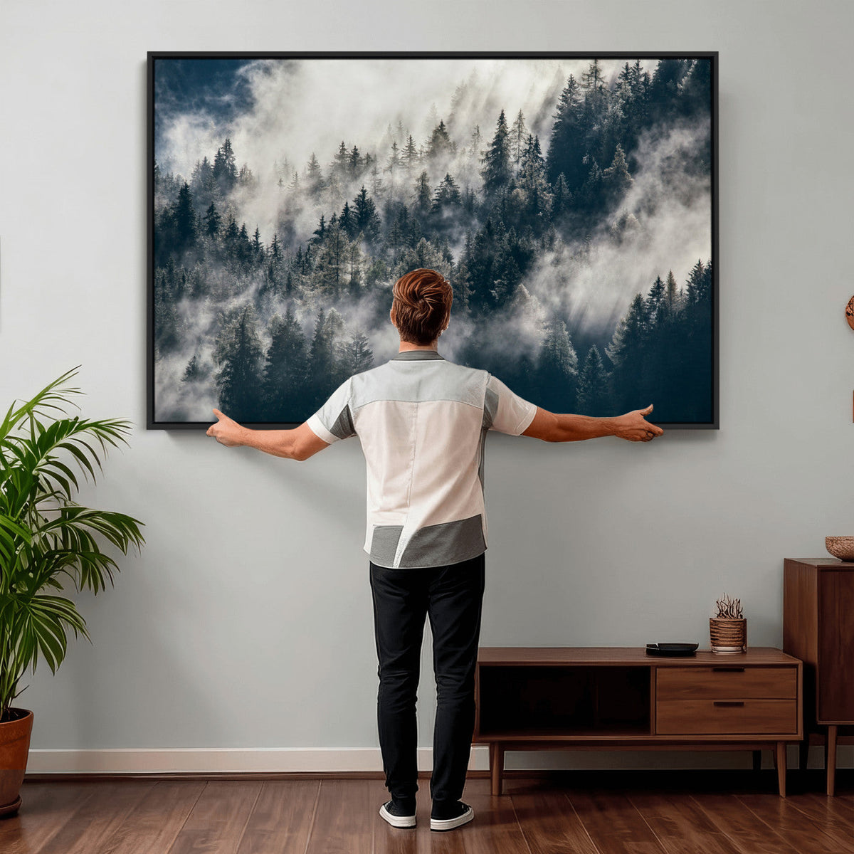 Foggy Mountain Forest Canvas Print, Misty Pine Trees Nature Wall Art