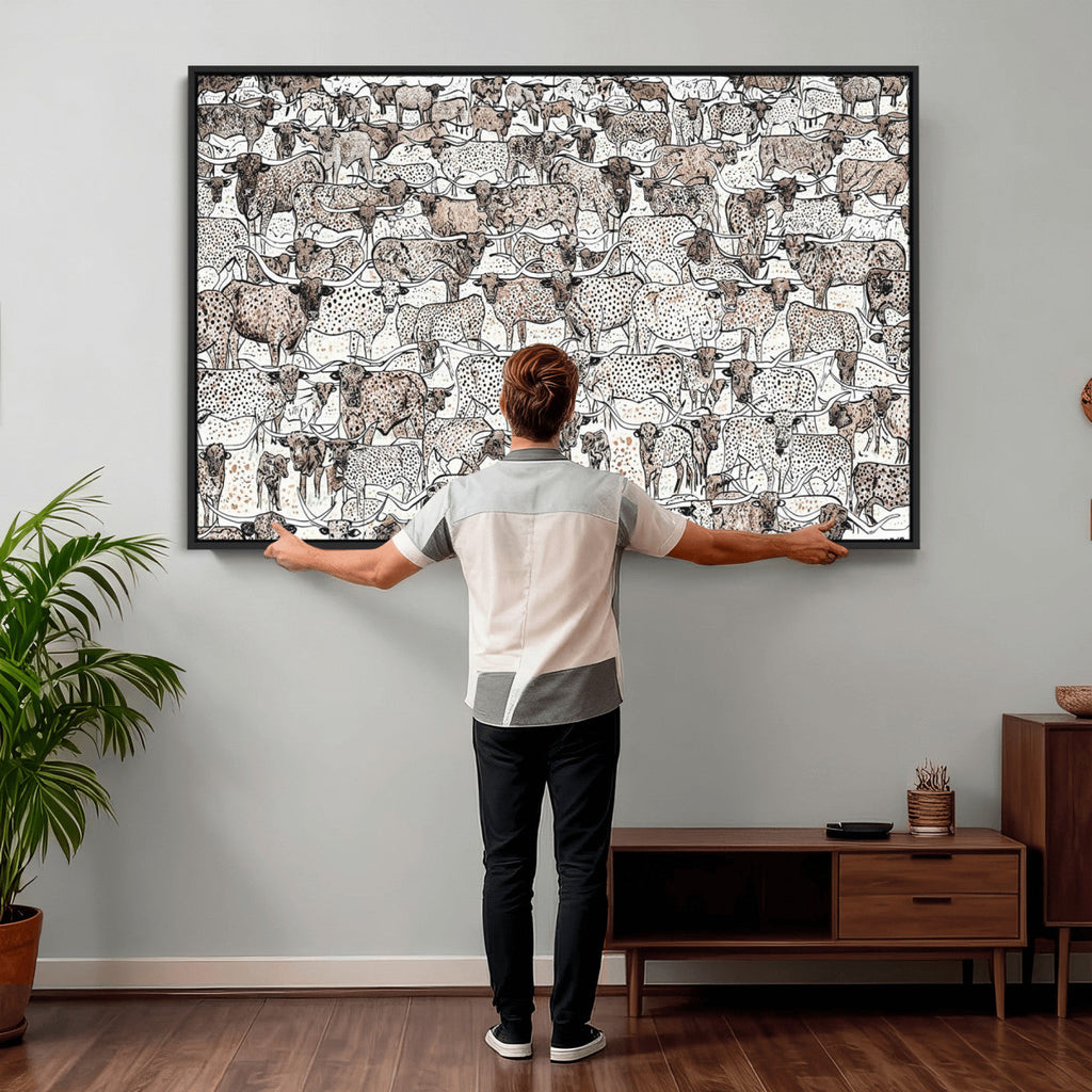 Abstract Texas Cow Wall Art Canvas Print, Farm Longhorn Art for Cabin Decor
