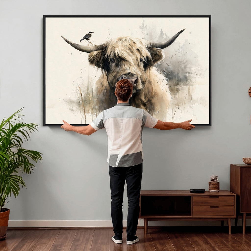 Abstract Highland Cow Wall Art Canvas Print, Rustic Farm Cattle Portrait