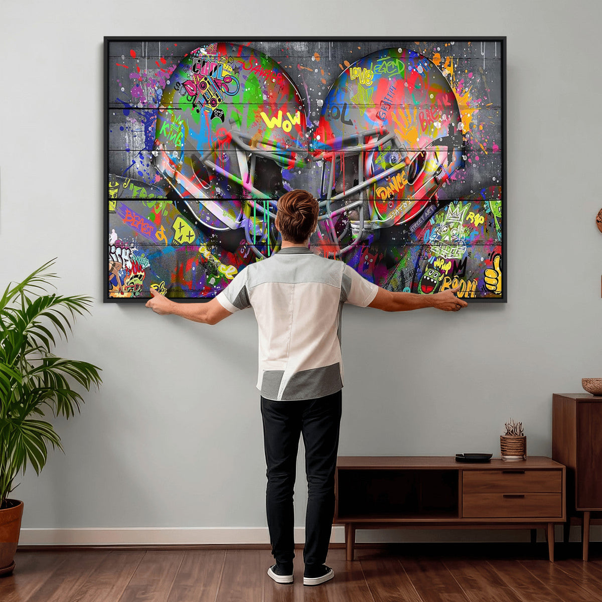 Graffiti Football Helmets Wall Art Canvas Print, Urban Street Art