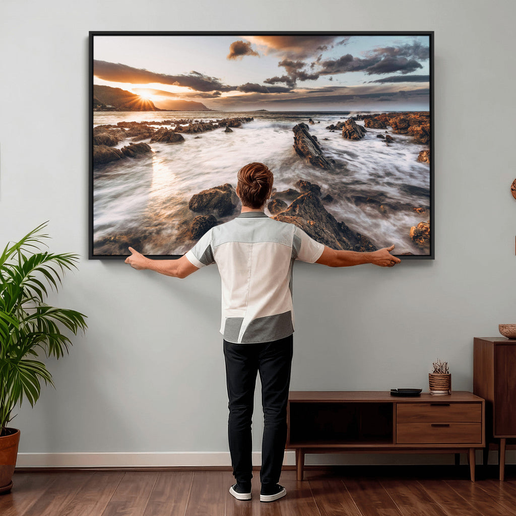 Rocky Coast Ocean Sunset Wall Art Canvas Print, Dramatic Seascape Nature Decor