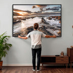 Rocky Coast Ocean Sunset Wall Art Canvas Print, Dramatic Seascape Nature Decor