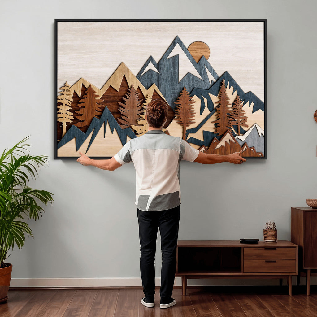 Layered Wooden Mountain Wall Art Canvas Print, Modern Rustic Forest and Pine Landscape