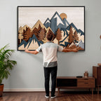 Layered Wooden Mountain Wall Art Canvas Print, Modern Rustic Forest and Pine Landscape