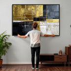 Gold Navy Abstract Wall Art Canvas Print, Modern Luxury Geometric Art for Living Room and Office