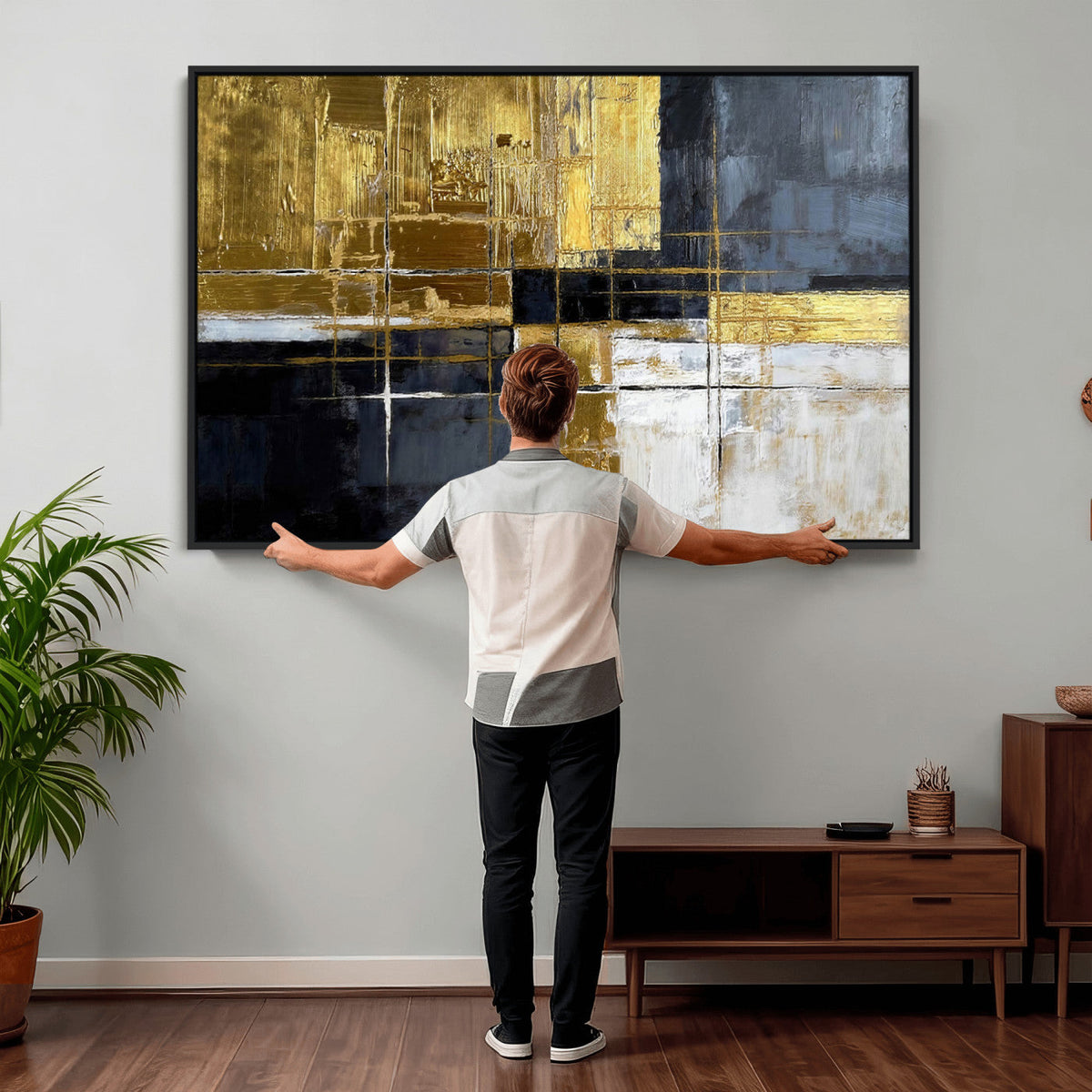 Gold Navy Abstract Wall Art Canvas Print, Modern Luxury Geometric Art for Living Room and Office