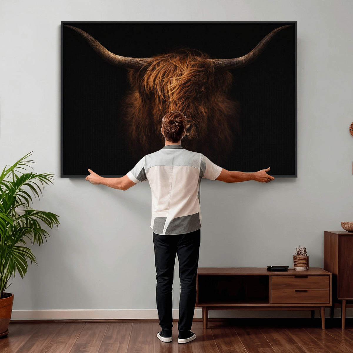 Highland Cow Wall Art Canvas Print | Moody Dark Rustic Farmhouse Portrait