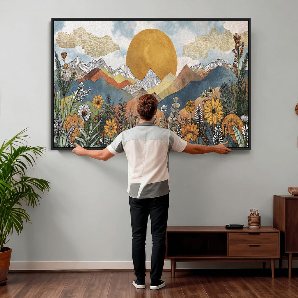 Boho Mountain Landscape Large Wall Art, Horizontal Gold Sun and Flowers Print