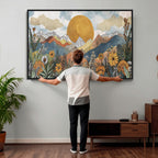 Boho Mountain Landscape Large Wall Art, Horizontal Gold Sun and Flowers Print