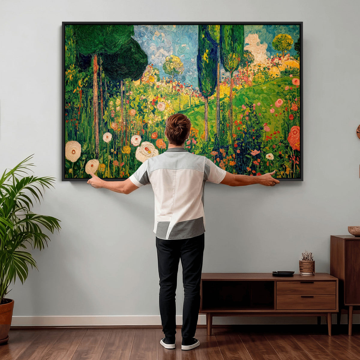 Gustav Klimt Boho Mountain Landscape Large Wall Art, Gold Sun and Flowers Print