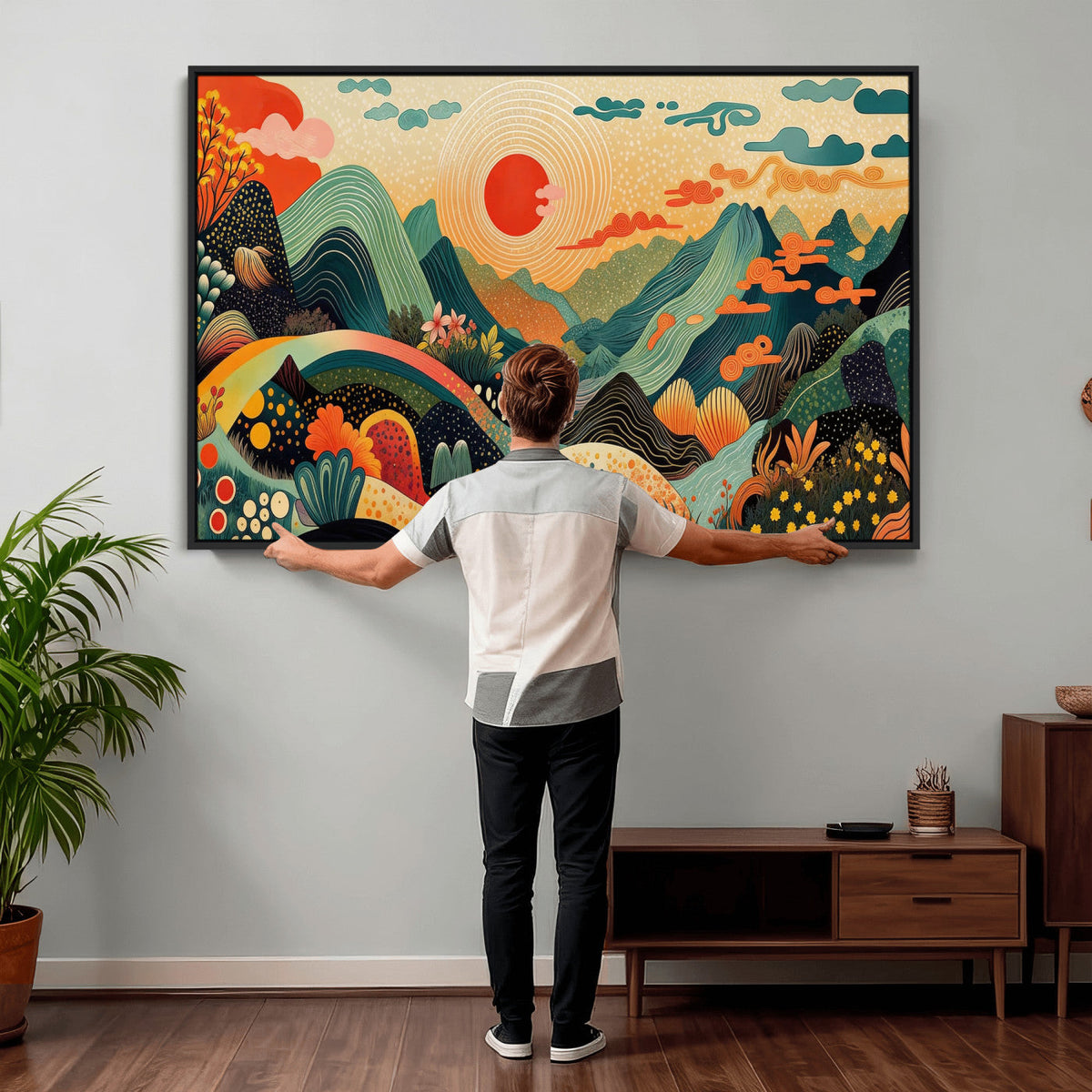 Yayoi Kusama Boho Mountain Landscape Large Wall Art, Gold Sun and Flowers Print