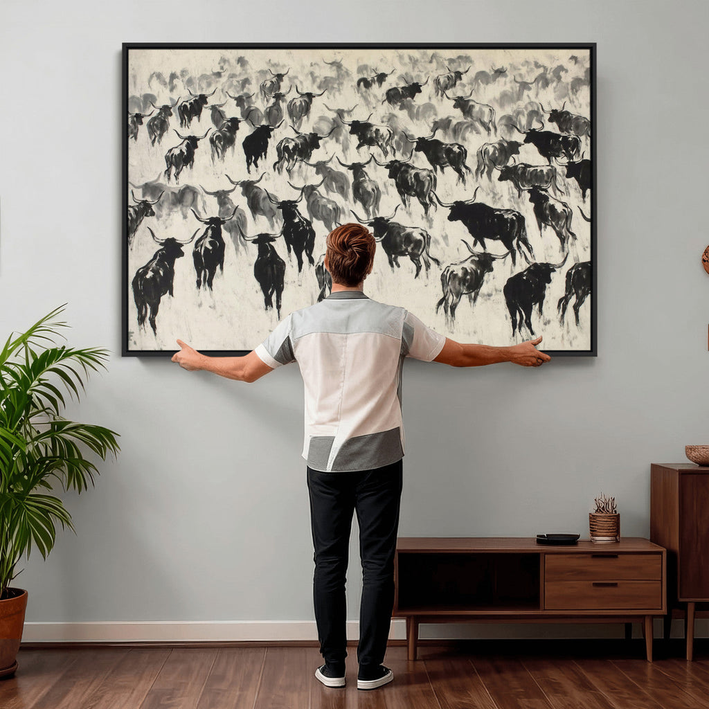 Longhorn Cattle Canvas Wall Art, Black White Stampede Ink