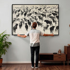 Longhorn Cattle Canvas Wall Art, Black White Stampede Ink