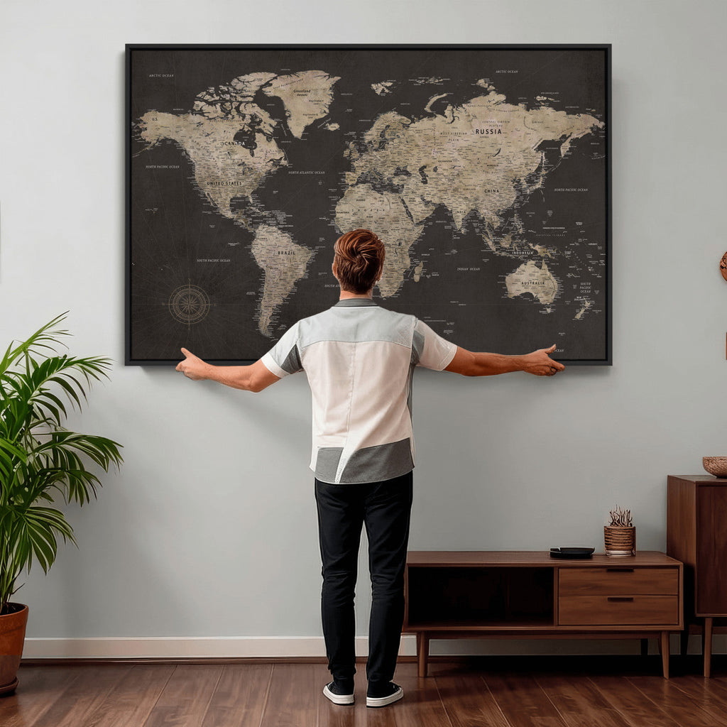 World Map Canvas Wall Art, Dark Charcoal and Antique Tan Detailed Map