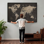 World Map Canvas Wall Art, Dark Charcoal and Antique Tan Detailed Map