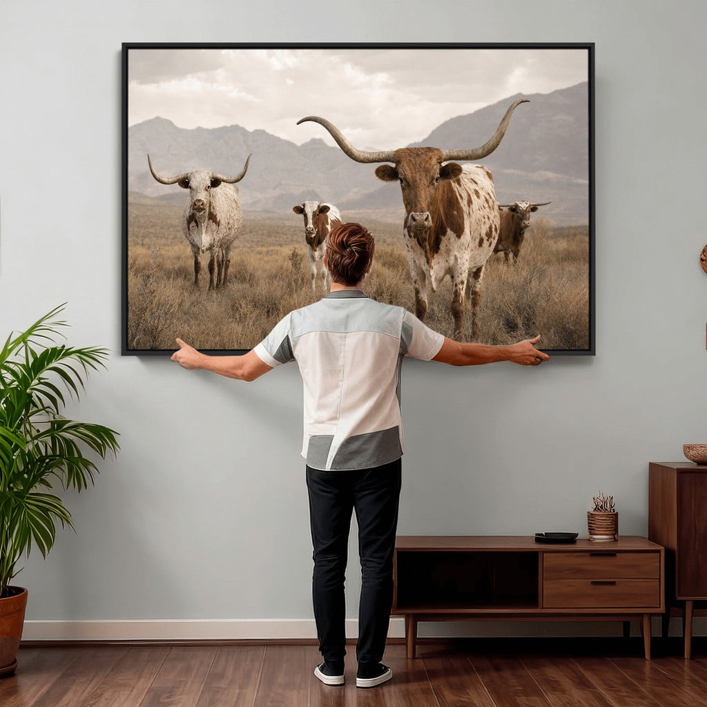 Rustic Texas Longhorn Cow Canvas Wall Art Print, Farm Animal Photography