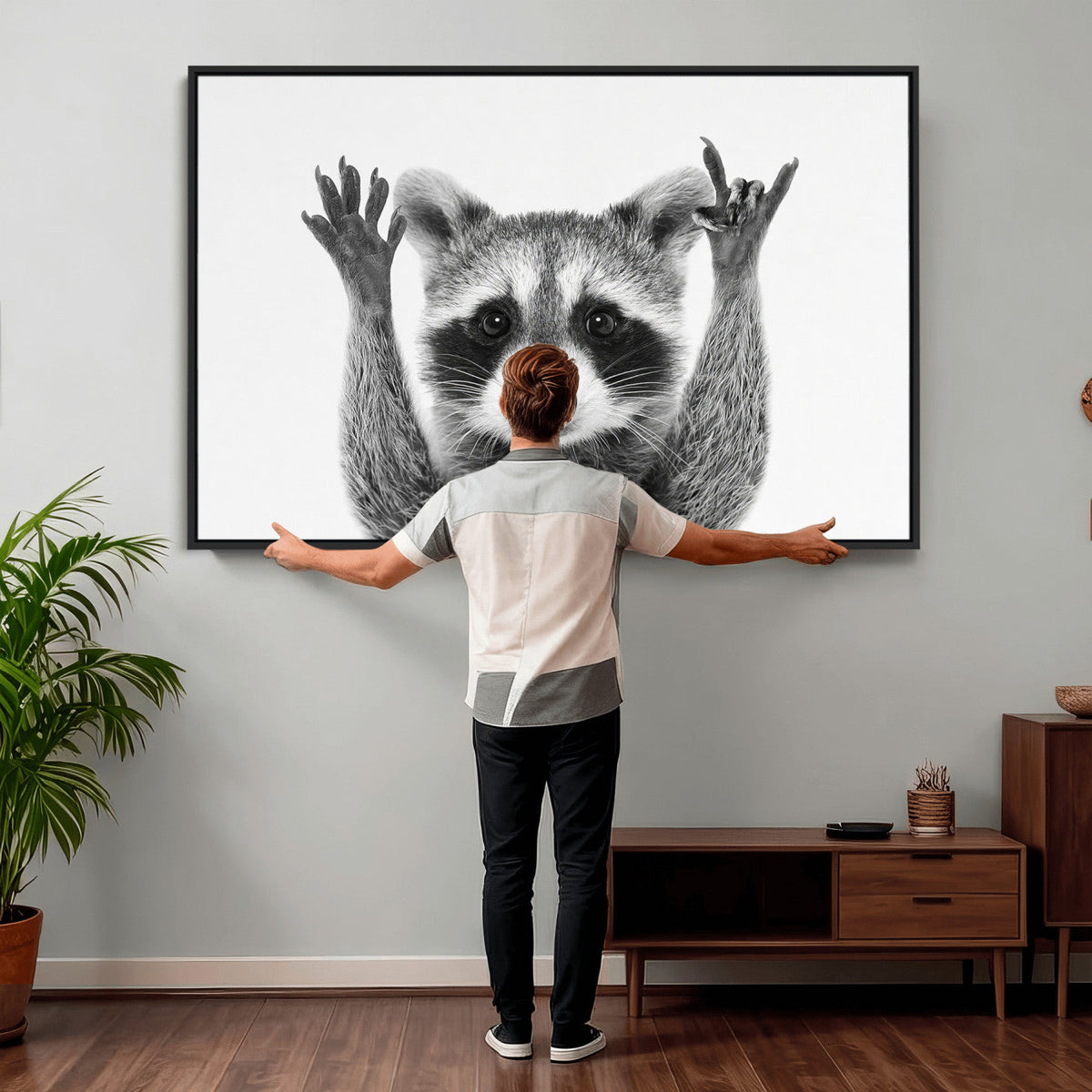 Funny Raccoon Canvas Wall Art, Black White Hands Up Animal Photo Print