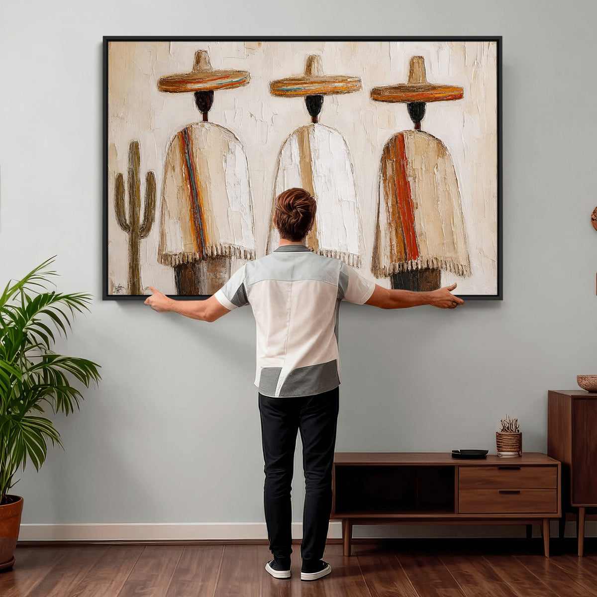 Mexican Wall Art Canvas Print, Southwestern Sombrero Poncho Painting Print, Boho Decor
