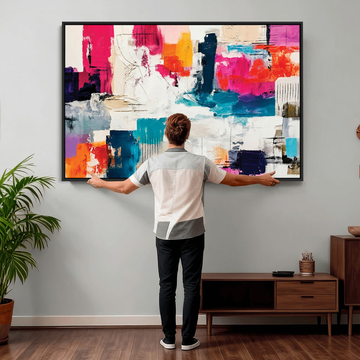 Blue Teal Abstract Canvas Wall Art, Modern Brushstroke Style Print, Navy Orange Contemporary Decor