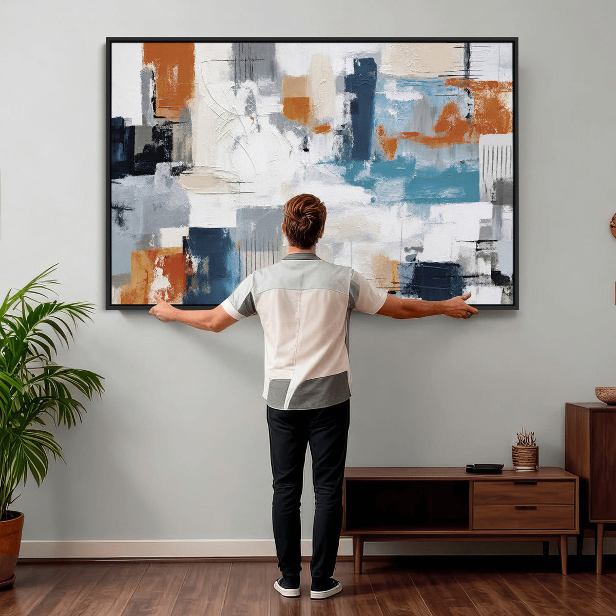 Blue Teal Abstract Canvas Wall Art, Modern Brushstroke Style Print, Navy Orange Contemporary Decor