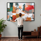 Blue Teal Abstract Canvas Wall Art, Modern Brushstroke Style Print, Navy Orange Contemporary Decor