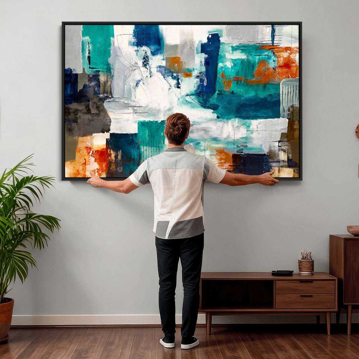 Blue Teal Abstract Canvas Wall Art, Modern Brushstroke Style Print, Navy Orange Contemporary Decor