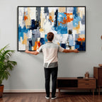 Blue Teal Abstract Canvas Wall Art, Modern Brushstroke Style Painting Print, Navy Orange Contemporary Decor