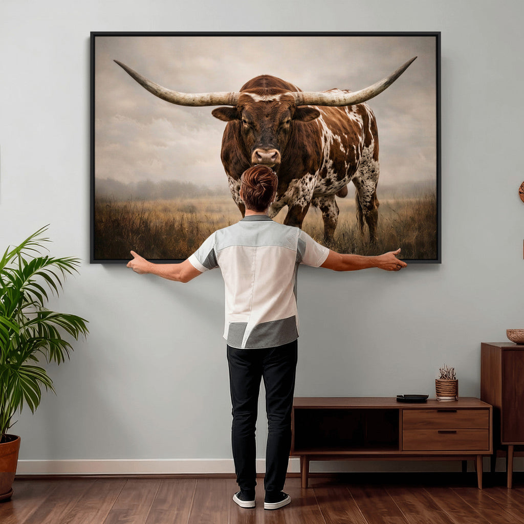 Texas Longhorn Wall Art Canvas Print | Brown Horned Bull Rustic Western Decor