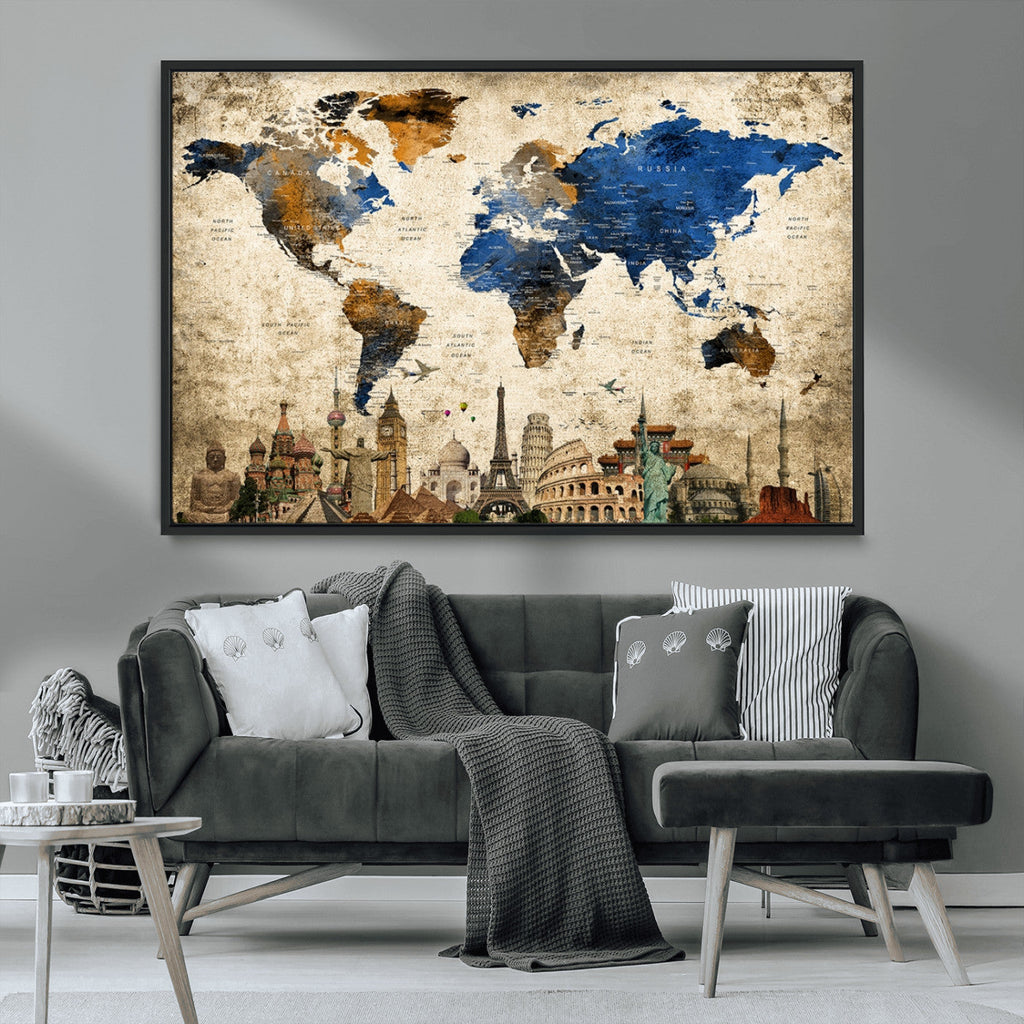 World Map Canvas Print | Vintage Blue and Gold World Map Wall Art