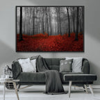 Red Forest Floor Canvas Wall Art | Mystical Foggy Woodland Triptych