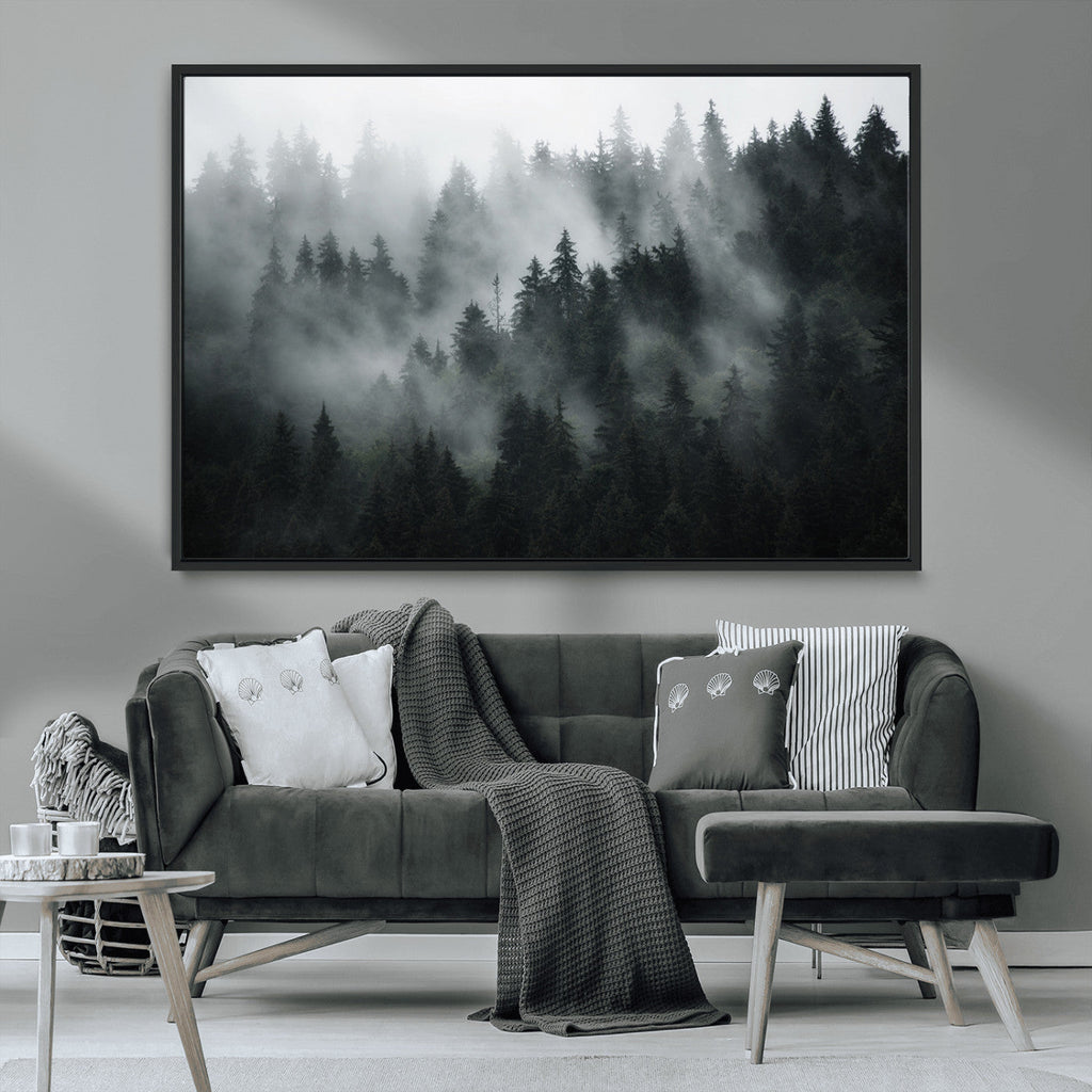 Foggy Forest Wall Art Canvas Print | 3 Panel Large Misty Landscape