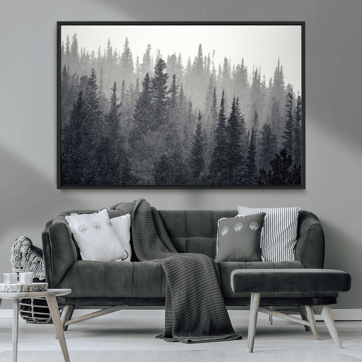 Misty Forest Canvas Wall Art | Monochrome Triptych Pine Tree Print