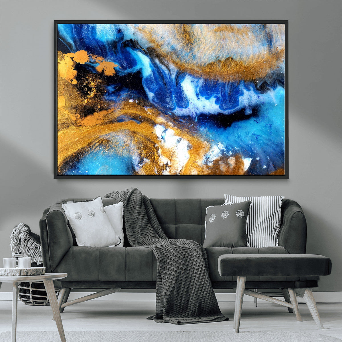 Blue Orange Marble Fluid Effect Canvas Wall Art Print