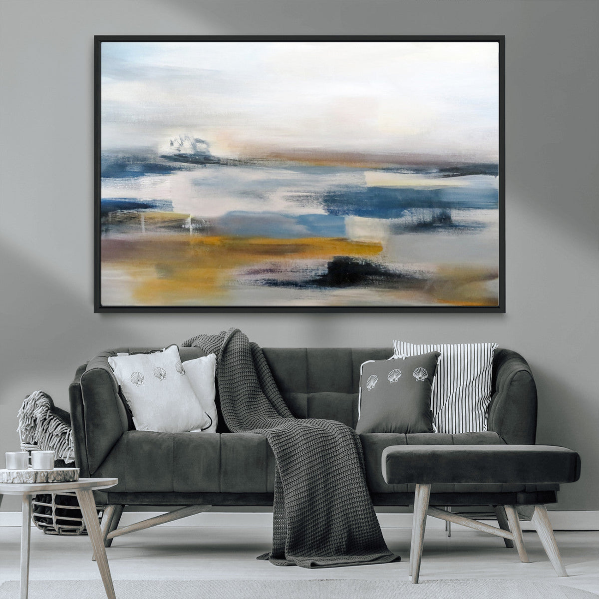 Abstract Landscape Wall Art Canvas | 3 Panel Modern Blue, Gold and White Canvas Art