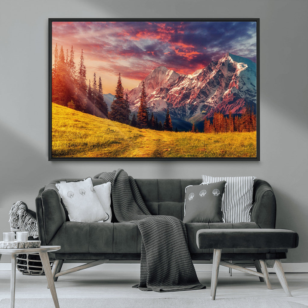 Mountain and Daylight Red Sunset Wall Art Canvas Print