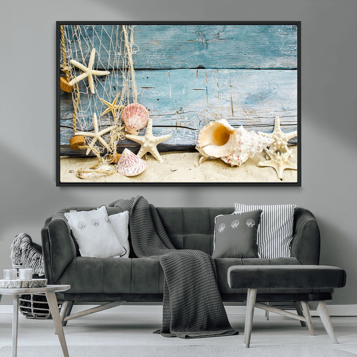 Seashells on Rustic Wooden Background, Seashells Wall Art