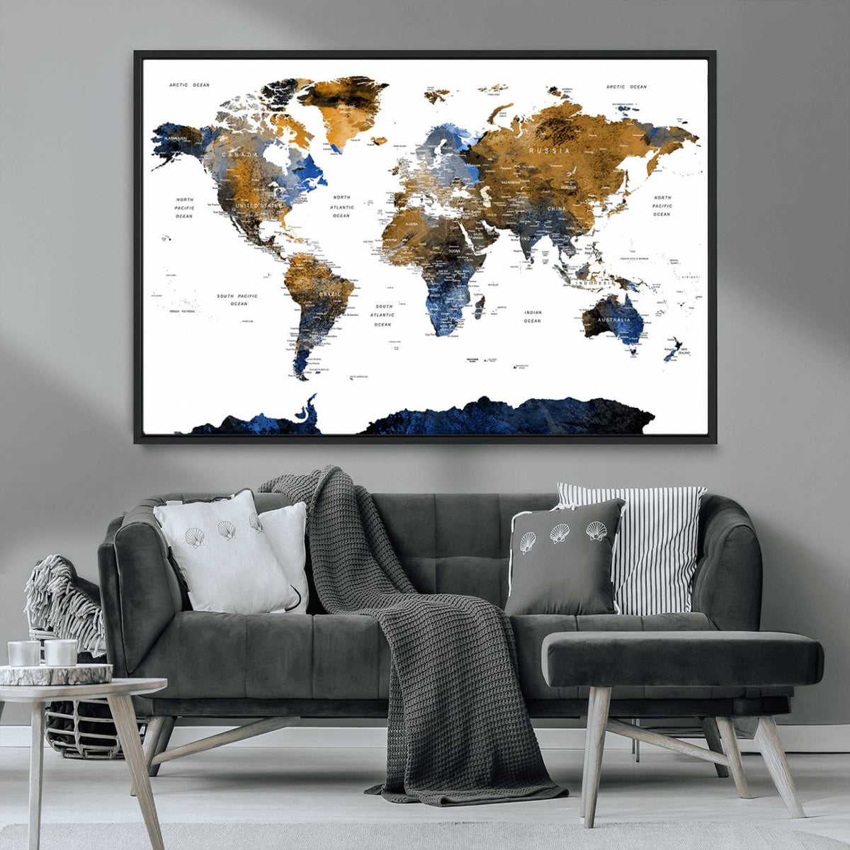 Modern Abstract World Map Canvas Wall Art | Framed Blue and Gold Map Print