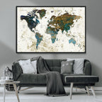 Vintage World Map Wall Art Canvas Print, Framed Rustic Earth Tone Map