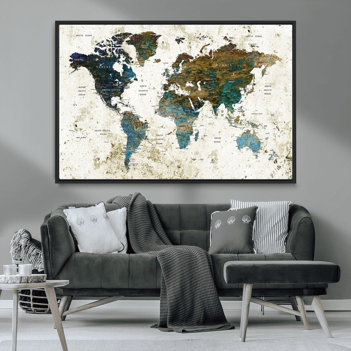 Vintage World Map Wall Art Canvas Print, Framed Rustic Earth Tone Map