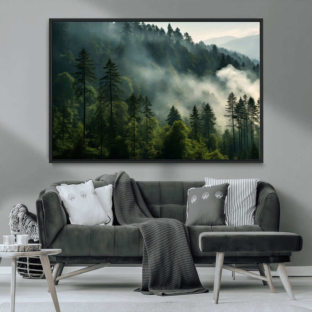 Misty Forest Wall Art Premium Canvas Print, Foggy and Serene Atmosphere