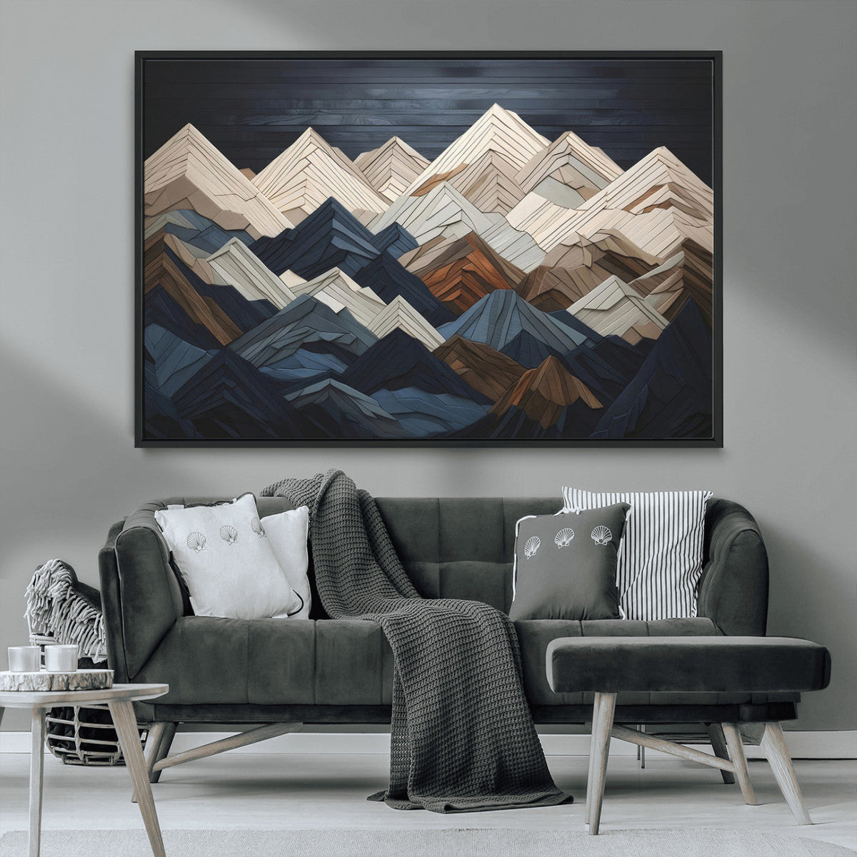 Rustic Mountain Landscape Wall Art Canvas Print, Framed 3D Wooden Effect Mountain Art