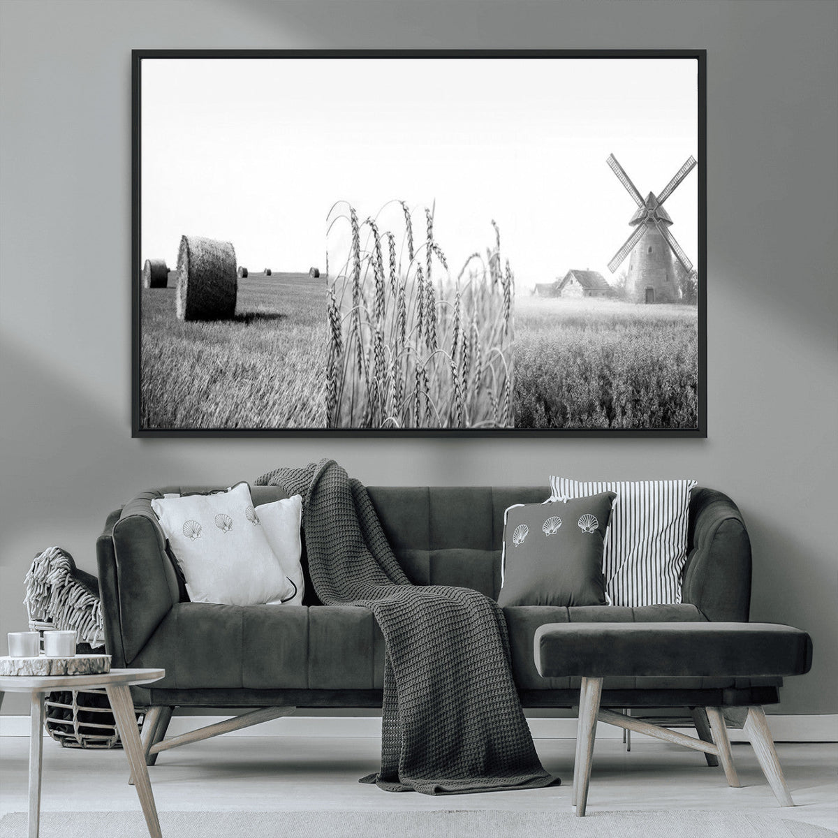 Vintage Farmhouse Black and White Triptych Wall Art, Giclee Canvas with Wheat Fields, Hay Bales and Windmill