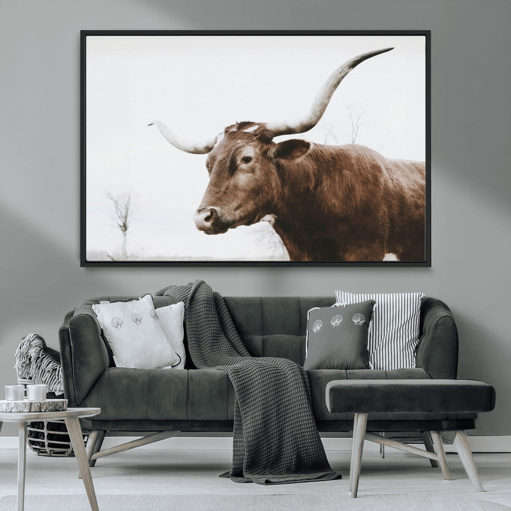 Rustic Bull Wall Art Canvas Print, Modern Longhorn Farmhouse Animal Decor