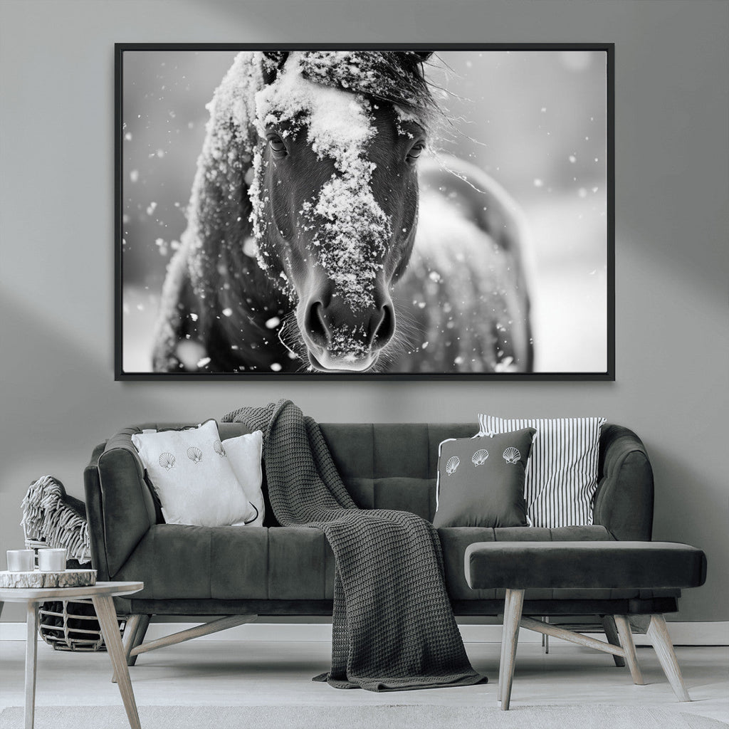 Black and White Horse Winter Wall Art, Ready to Hang