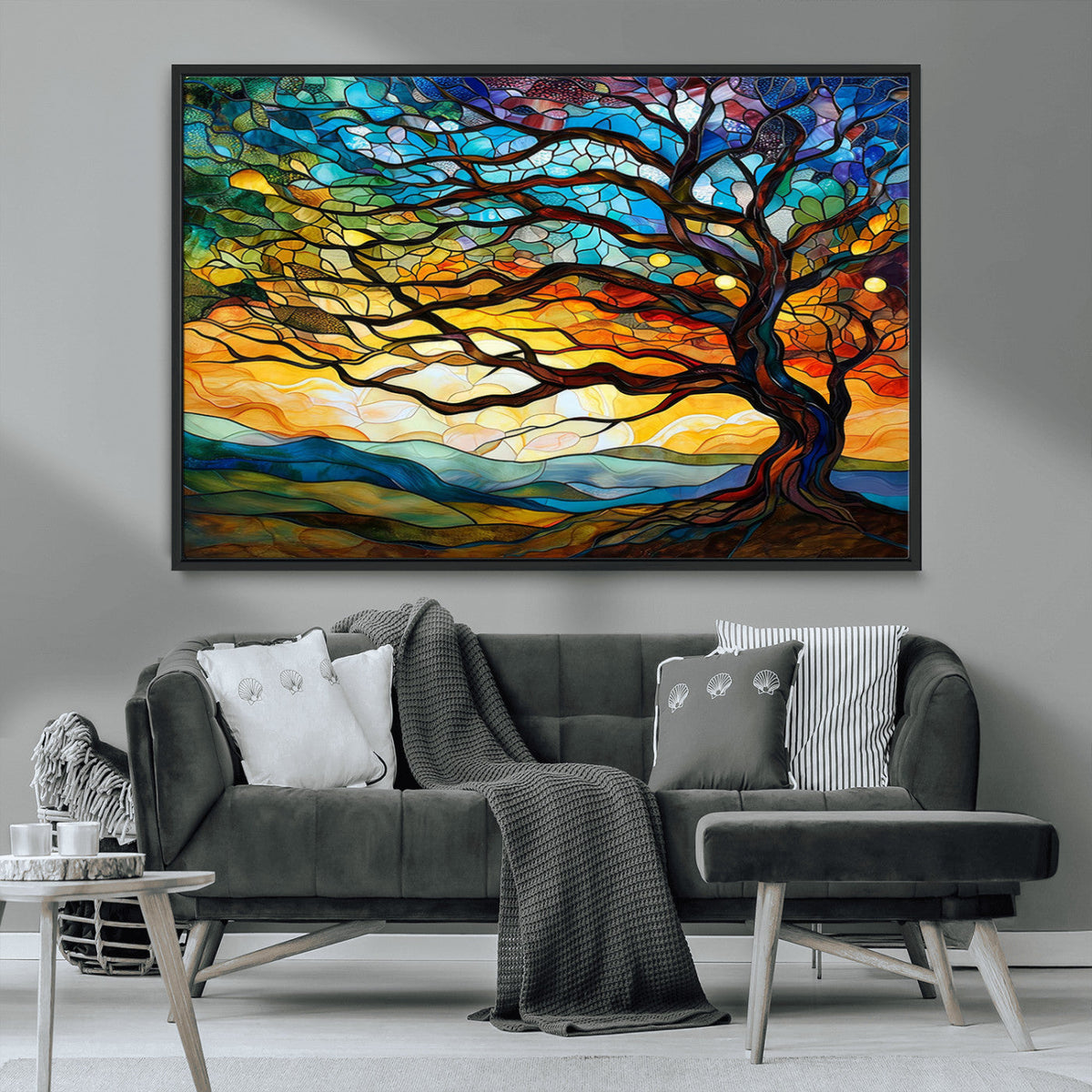 Vibrant Mosaic Tree of Life Wall Art, Stained Glass Style Canvas Print