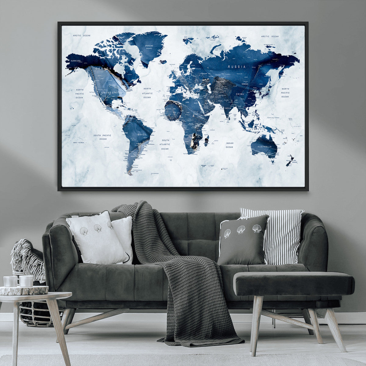 Modern Blue World Map Canvas Print | Elegant Travel Map Wall Art for Home Office
